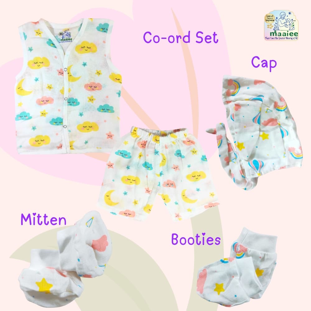 Maaiee baby co-ord set arranged with matching cotton mitten and bootie in a coordinated layout