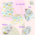 Maaiee baby co-ord set arranged with matching cotton mitten and bootie in a coordinated layout
