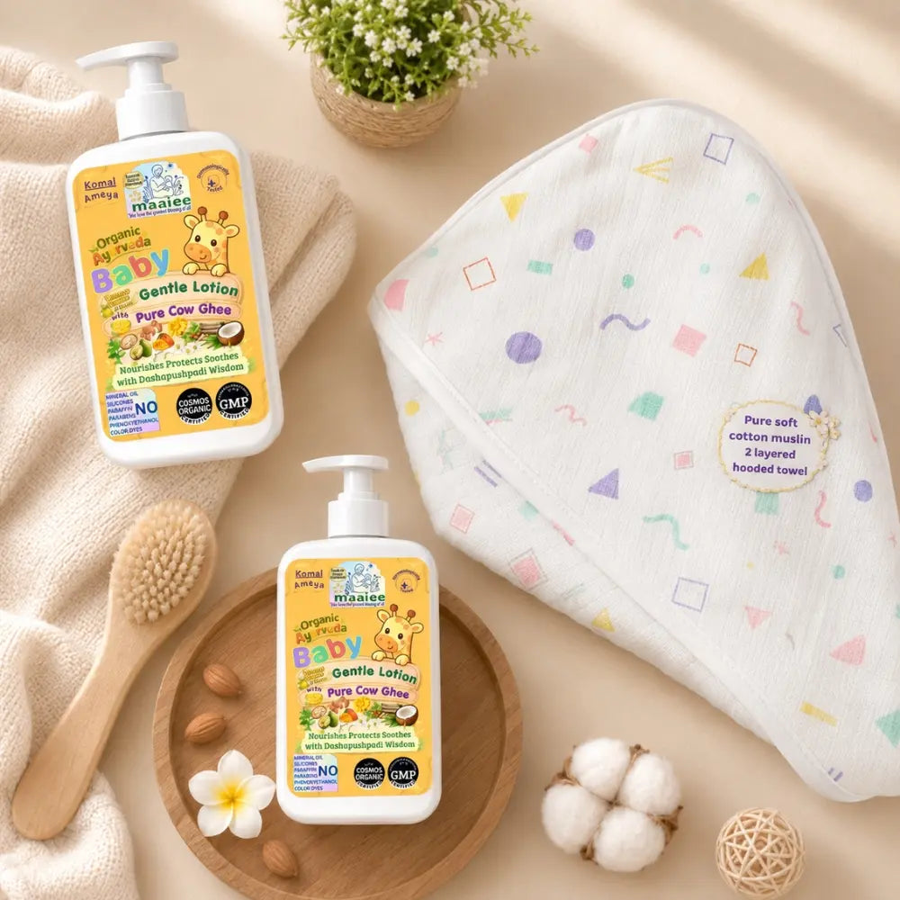 Maaiee cow ghee made baby lotion duo with free hooded towel