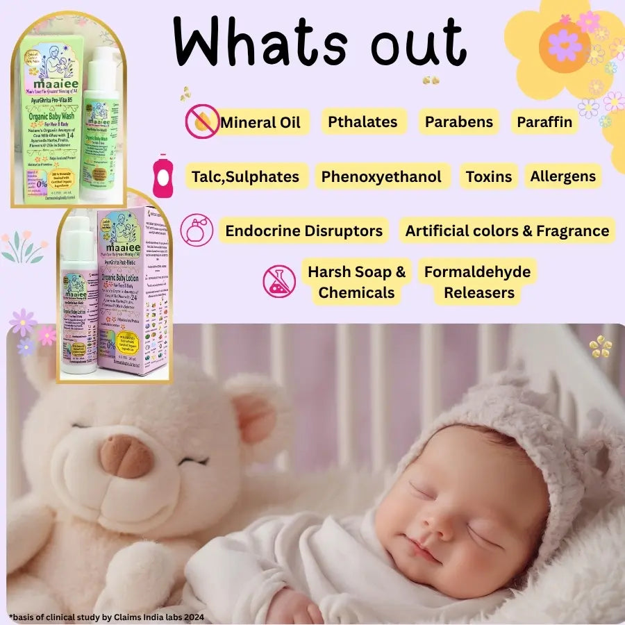 Maaiee baby care highlighting clean, toxin free and sensitive skin safe formulas.