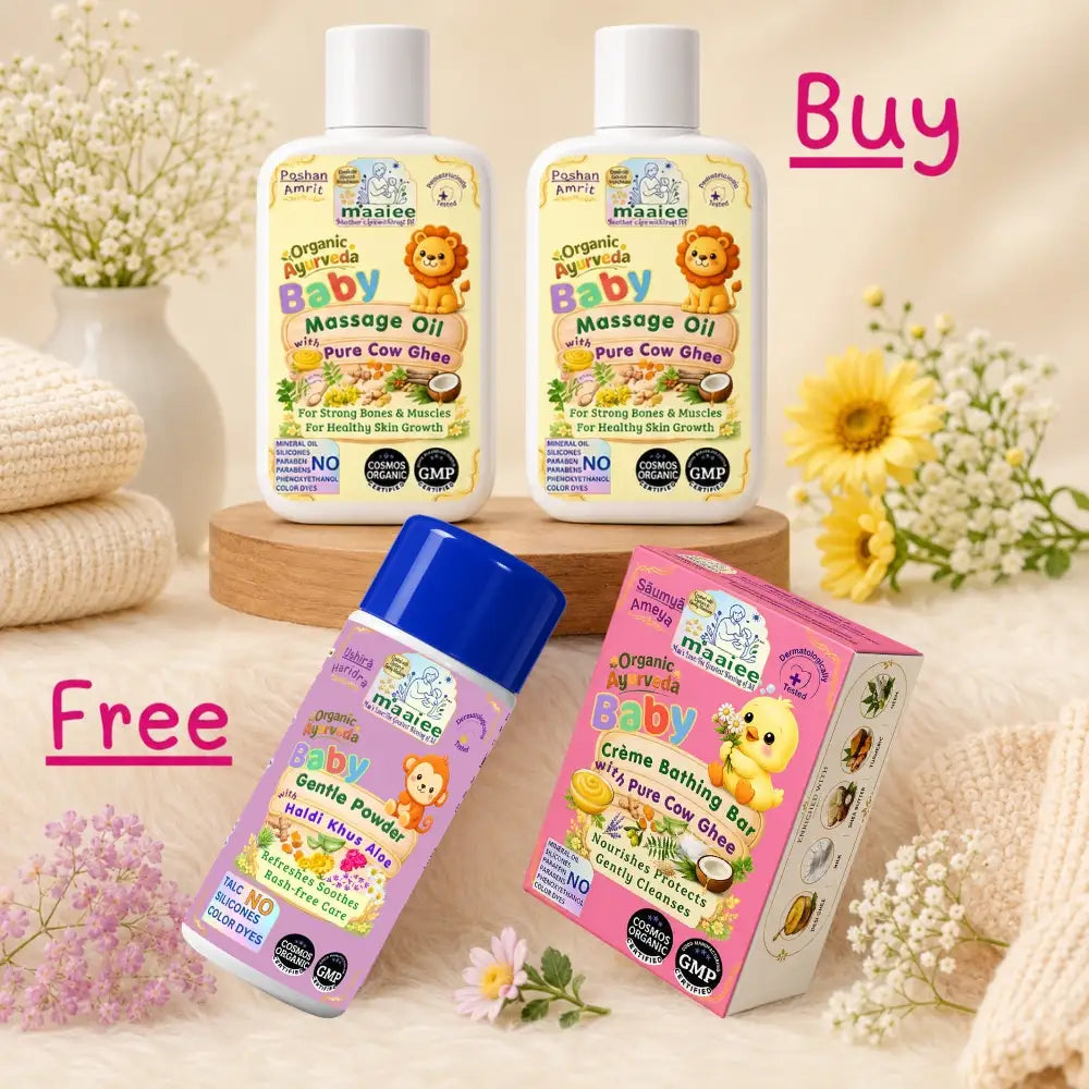 Special baby care offer featuring two Maaiee Poshan Amrit Baby Massage Oils with complimentary cow ghee baby soap and talc-free baby powder.