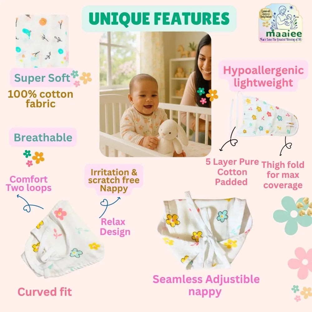 Maaiee baby nappy feature overview highlighting its soft multi-layer cotton design for gentle everyday wear