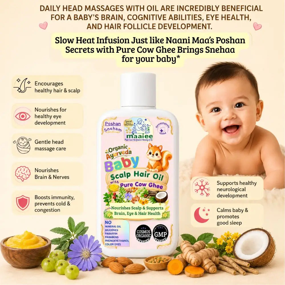 Maaiee baby hair oil for scalp nourishment, cradle cap comfort, softness and gentle head massage care