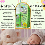 Maaiee baby wash showing what’s in—derma tested, pH balanced, ghee—and what’s out of harsh chemicals.