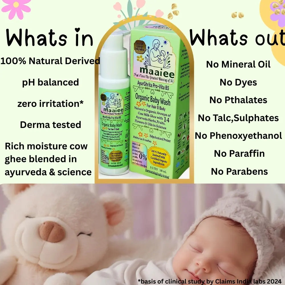 Maaiee baby wash showing what’s in—derma tested, pH balanced, ghee—and what’s out of harsh chemicals.