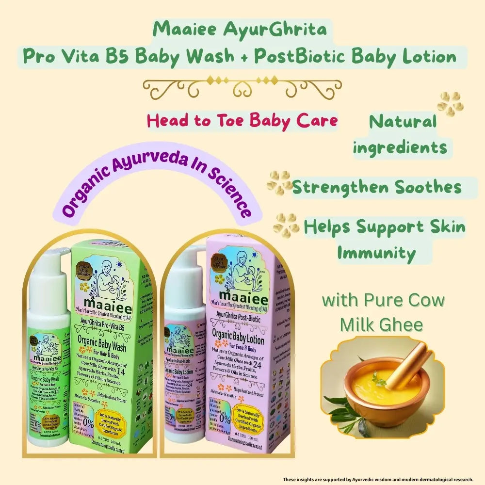 Maaiee baby wash and lotion with pure cow milk ghee for skin nourishment.
