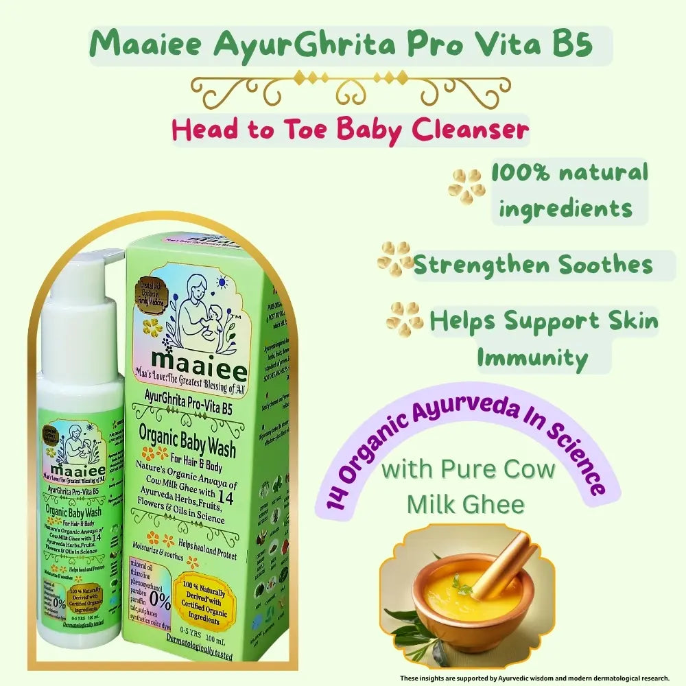 Maaiee organic baby wash made with cow ghee and Ayurvedic herbs for gentle care.