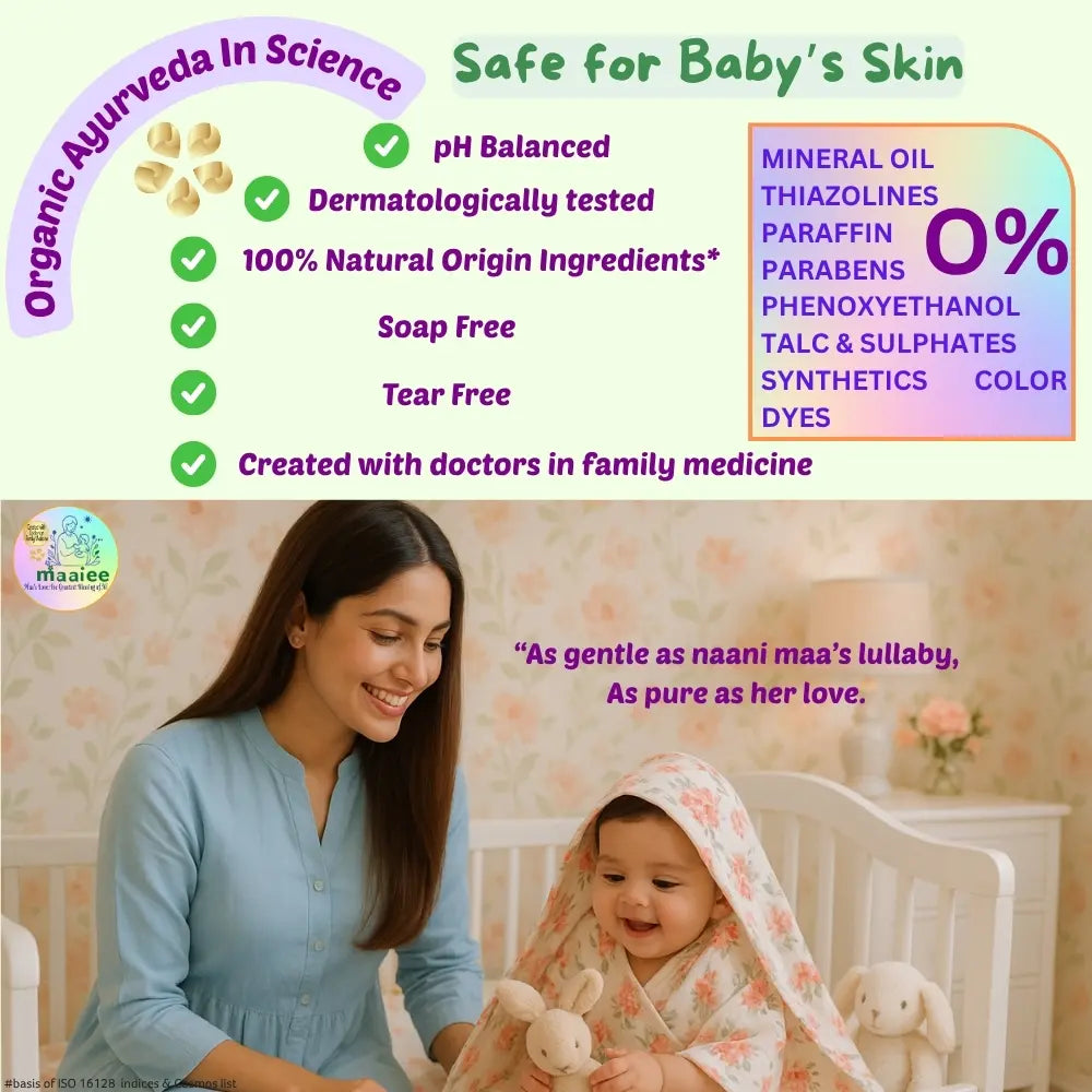 Maaiee baby wash showing tear-free, soap-free and dermatologically tested safety.