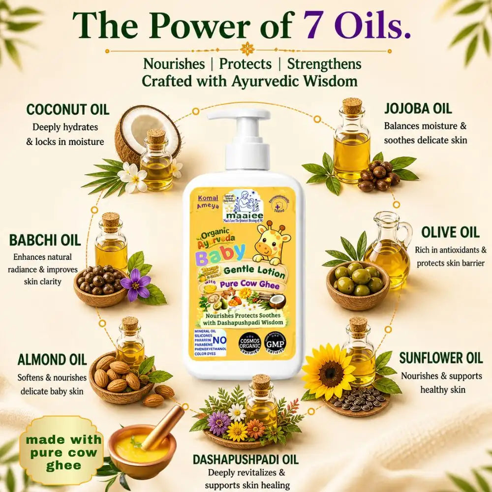 Maaiee baby lotion with sunflower, almond, jojoba, olive and coconut oils for gentle newborn skin nourishment