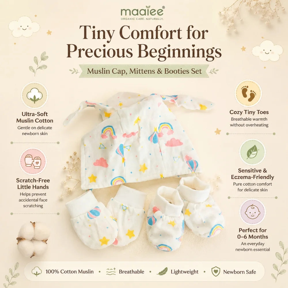 Maaiee cotton cap, mittens and booties designed to keep newborns comfortable, protected and cozy.