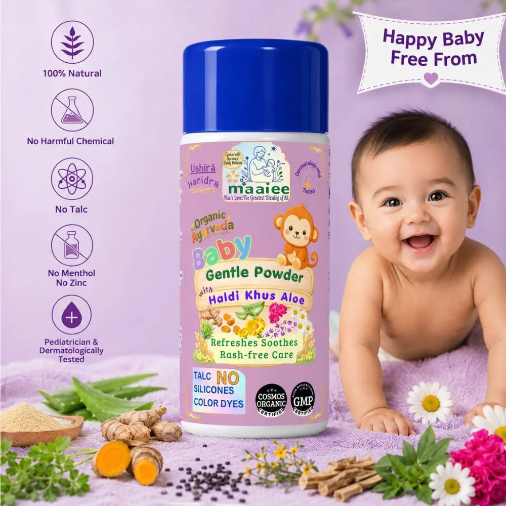 Maaiee Ushira Haridra talc-free baby powder with clean ingredients, Ayurvedic botanicals and gentle chemical-free baby care