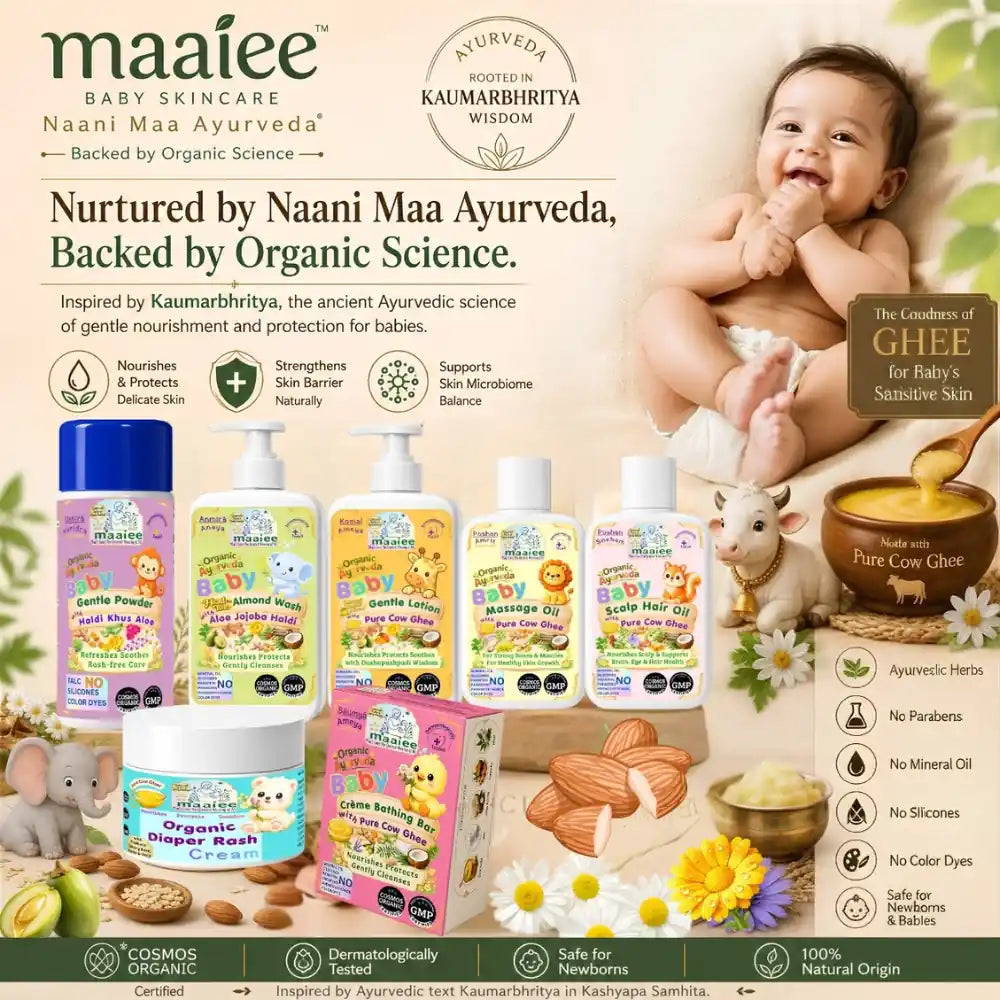 Maaiee complete baby gift hamper with organic newborn skincare, massage oil, hair oil, lotion, wash, diaper cream, cow ghee and Ayurvedic baby care essentials