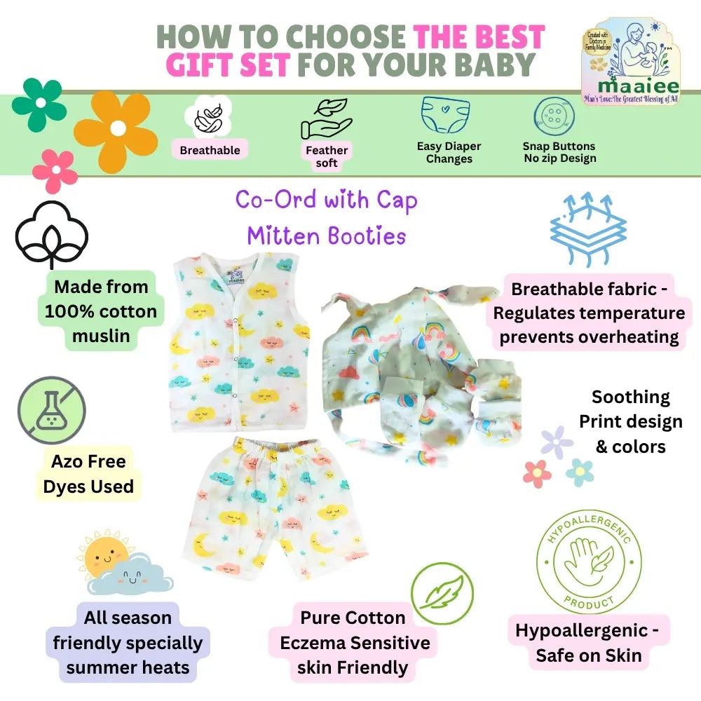 Maaiee baby co-ord set with mitten and bootie shown alongside breathable year-round fabric features
