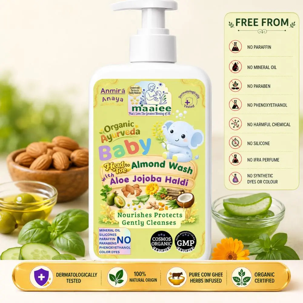Maaiee COSMOS Organic baby wash with gentle cleansing, botanical hydration and Ayurvedic newborn skin care