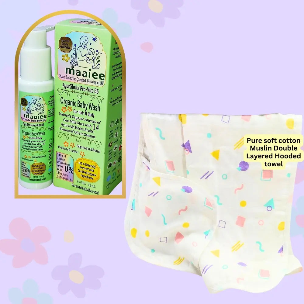 Maaiee cozy bath care set featuring gentle baby wash paired with a soft cotton towel