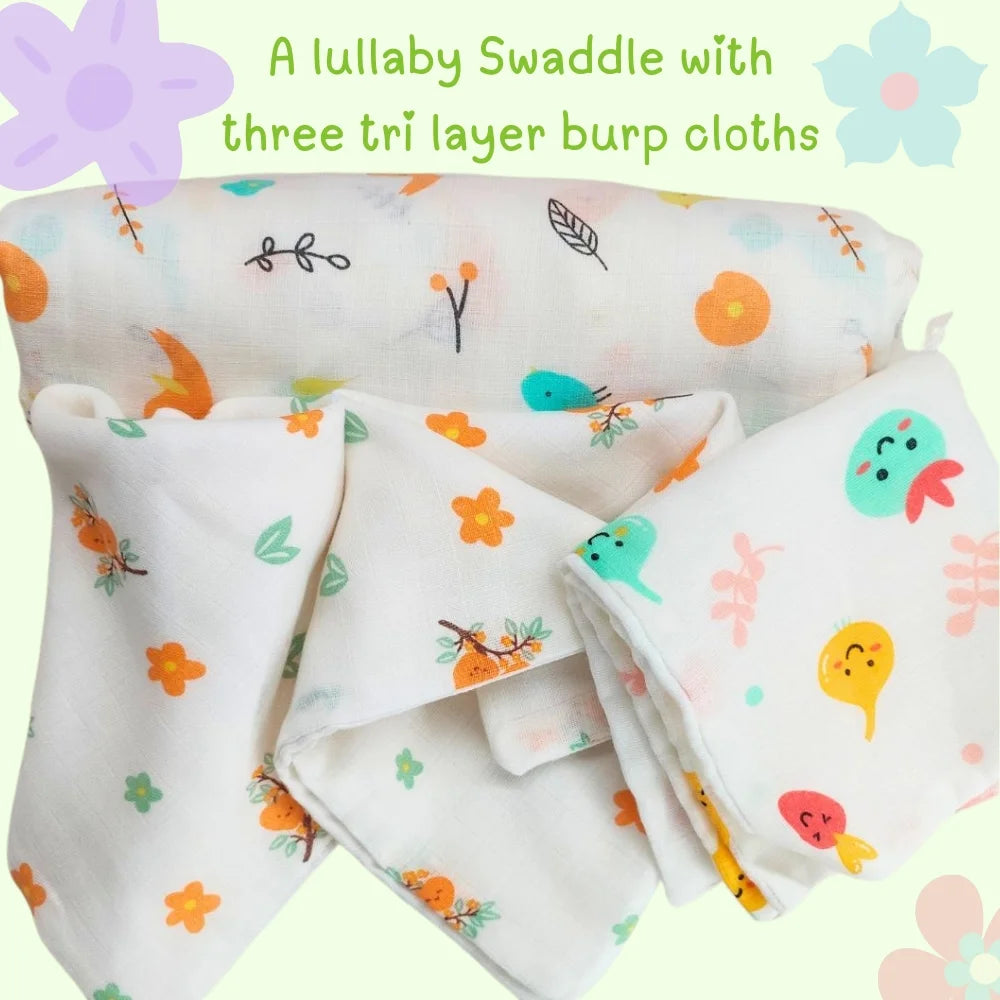 Maaiee Cuddle Cloud baby set arranged with a muslin swaddle and three soft cotton wipes