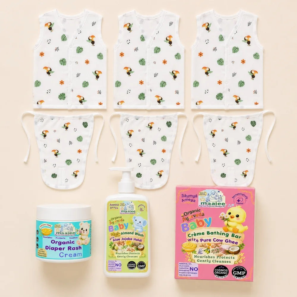 Maaiee daily baby care kit with skincare and clothing essentials