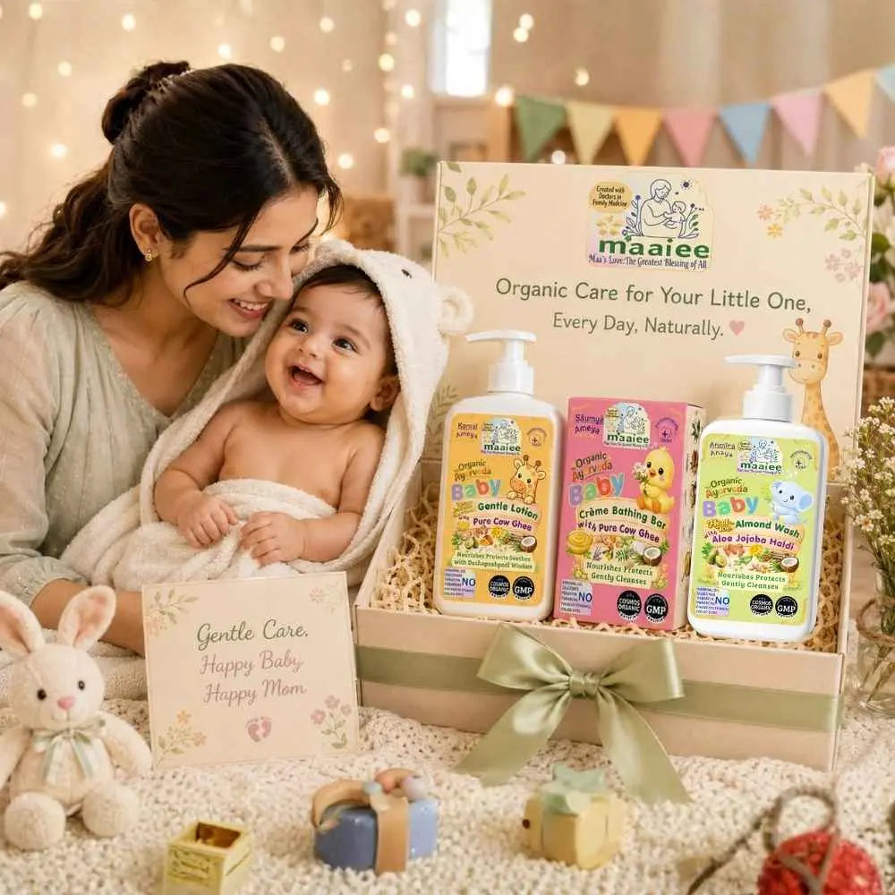 Maaiee Organic Baby Daily Care Trio with cow ghee lotion, head-to-toe wash, baby cleansing bar and gentle daily skincare