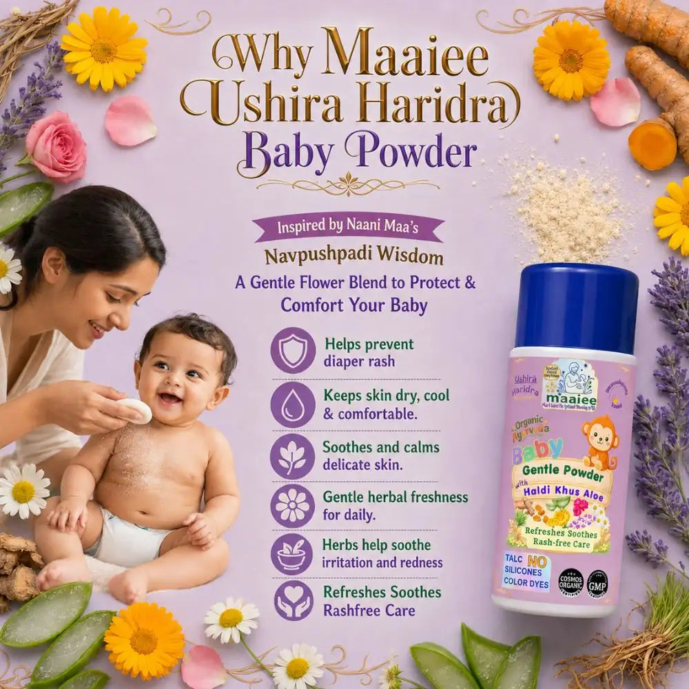 Maaiee Ushira Haridra talc-free baby powder for moisture care, soft skin comfort and everyday freshness for babies