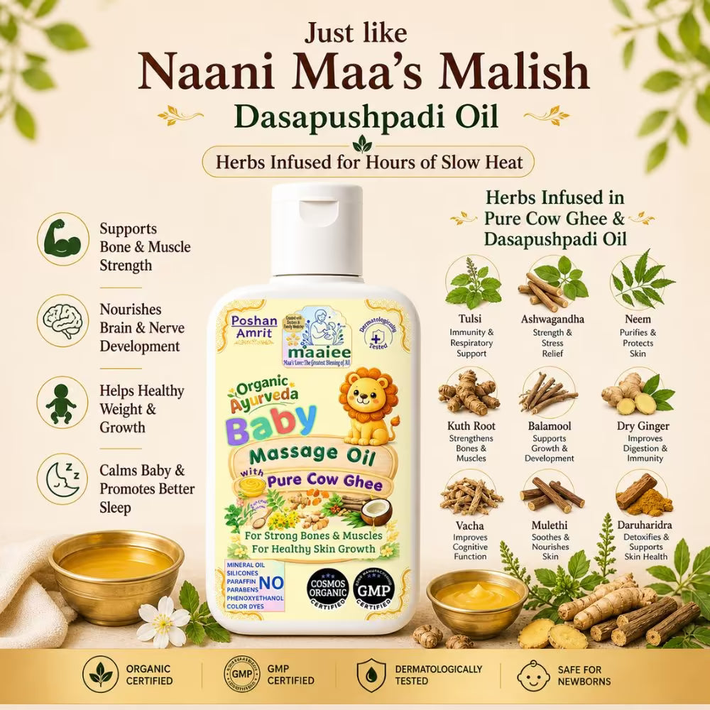 Maaiee baby massage oil with Dasapushpadi, cow ghee, sesame oil and Ayurvedic newborn skin nourishment