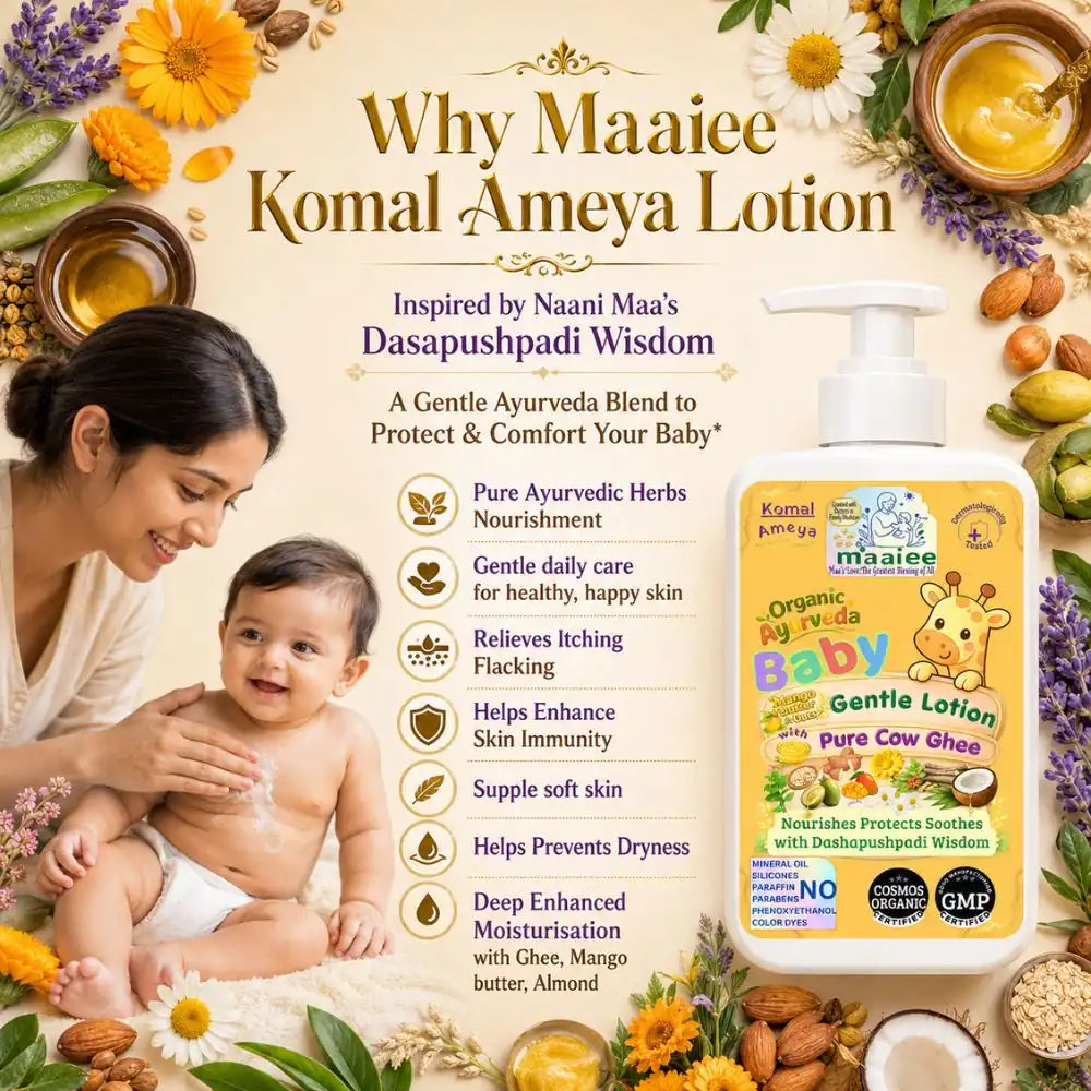 Maaiee Dasapushpadi COSMOS Organic baby lotion with cow ghee, Ayurvedic botanicals and gentle newborn skin nourishment