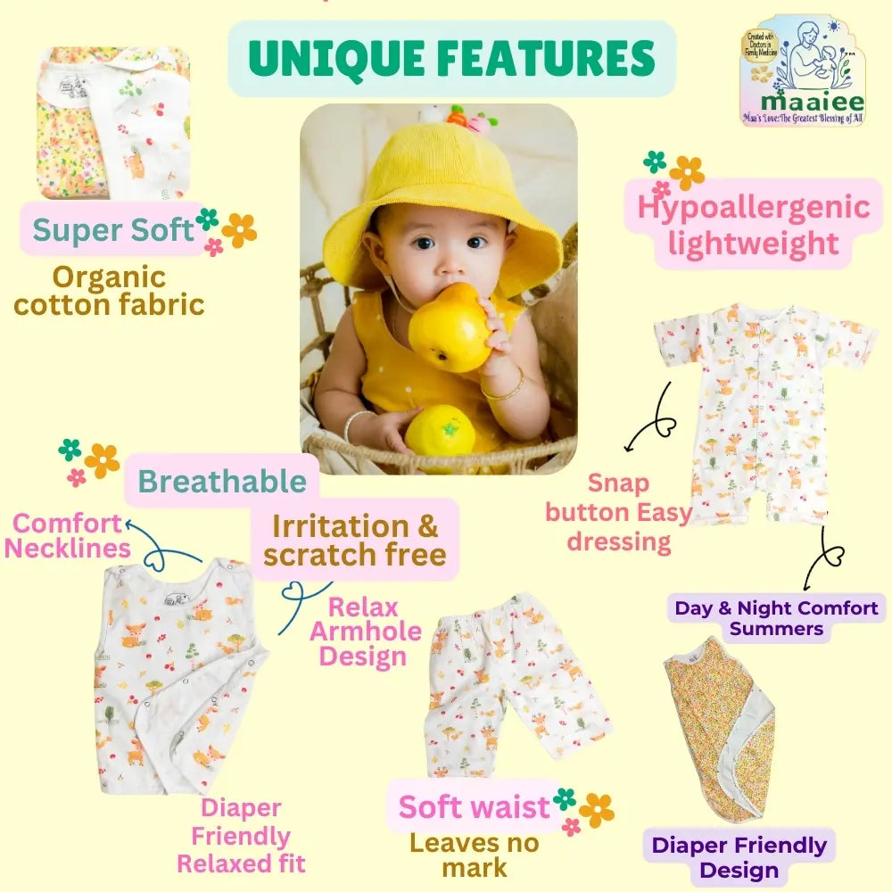 Maaiee deer print set showing soft breathable designs with hip-friendly and diaper-friendly comfort features