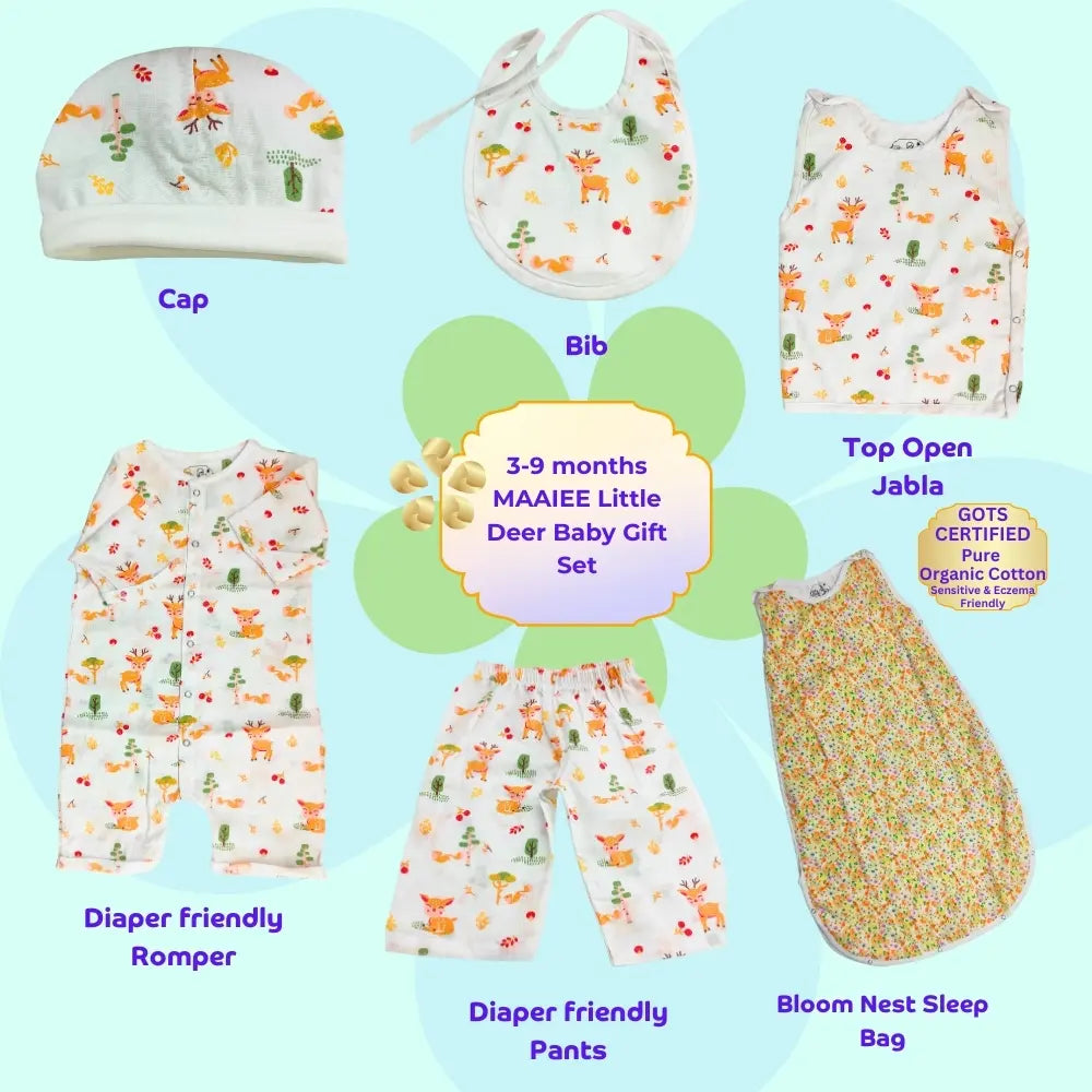 Maaiee deer print gift set with jabla, pant, and matching sleep bag for babies