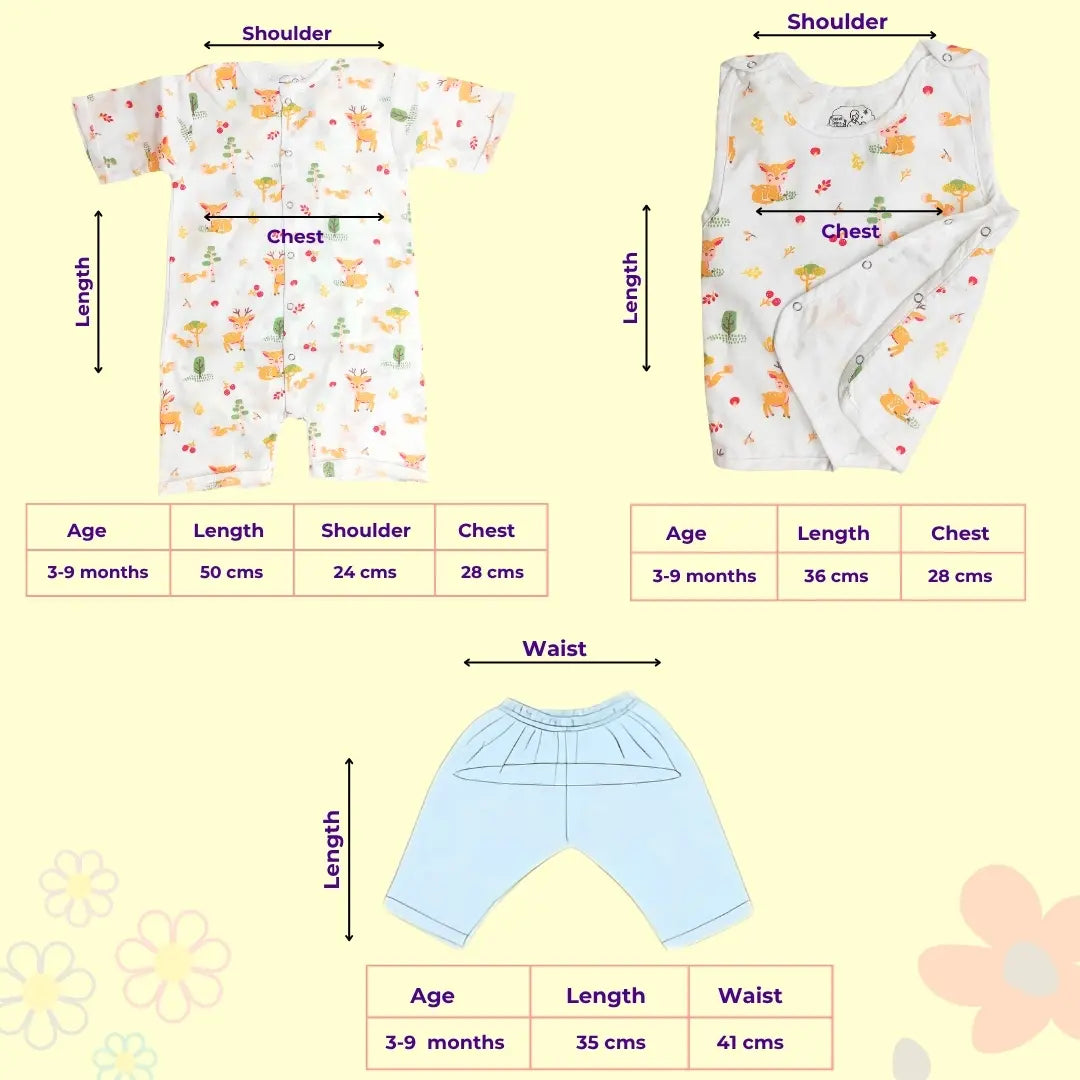 Maaiee deer print size guide with measurements for selecting the correct baby fit