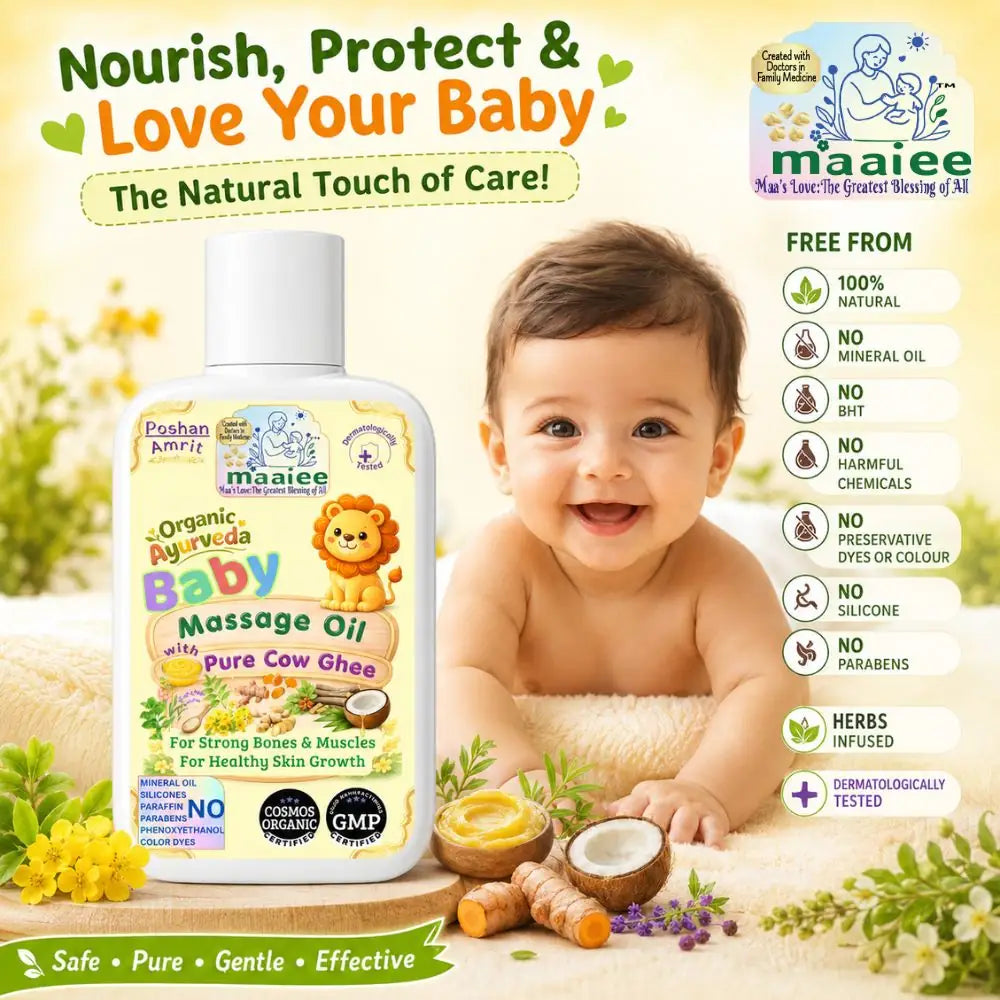 Maaiee baby massage oil with cow ghee, Ayurvedic herbs and dermatologically tested newborn massage care