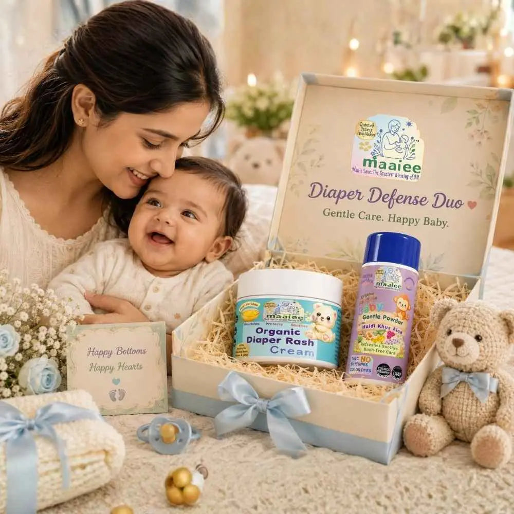 Maaiee Baby Diaper Defense Duo with cow ghee diaper rash cream, talc-free baby powder and daily barrier care