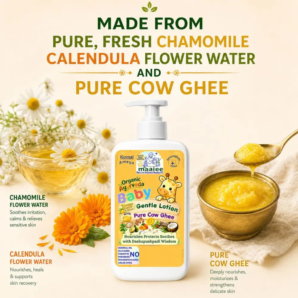Maaiee baby care with Calendula and Chamomile floral waters, gentle hydration and soothing newborn skin comfort