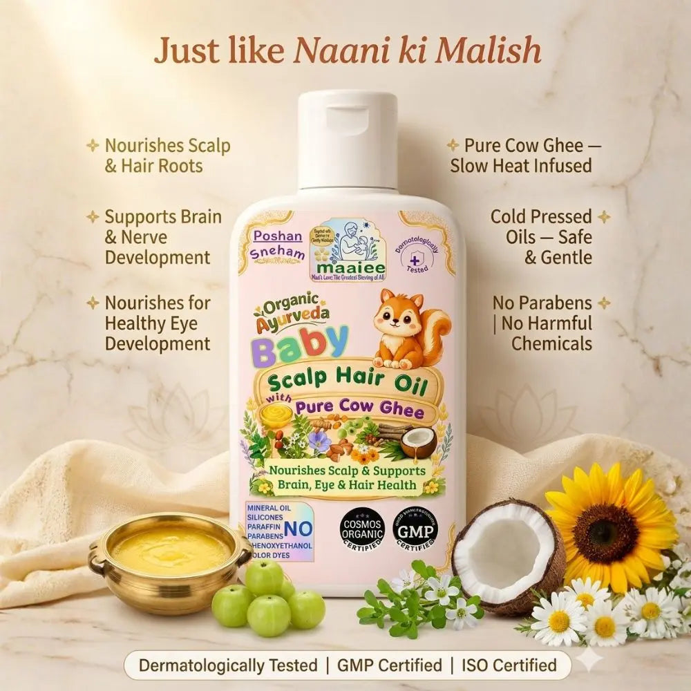 Maaiee baby hair oil for scalp nourishment, cradle cap care, softness and calming baby head massage rituals