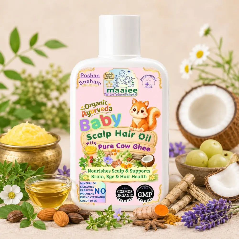 Maaiee baby hair oil with cow ghee, Brahmi, scalp nourishment and gentle cradle cap support