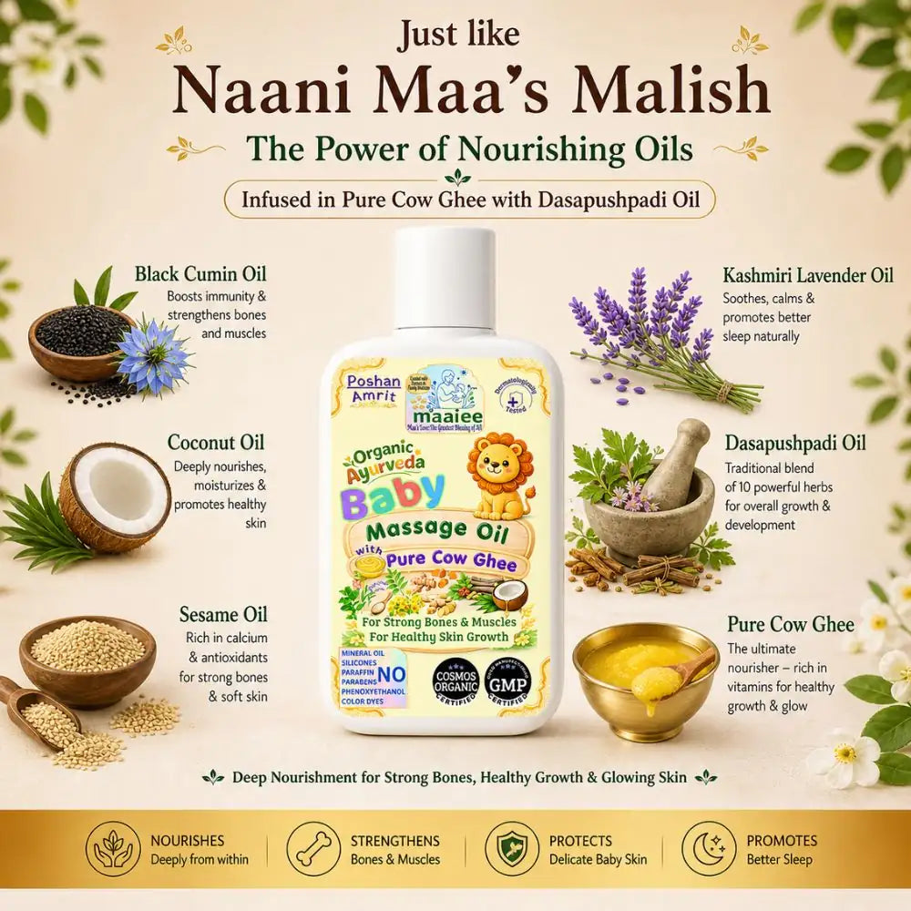 Maaiee baby massage oil with pure cow ghee, Ayurvedic nourishment and gentle newborn skin care