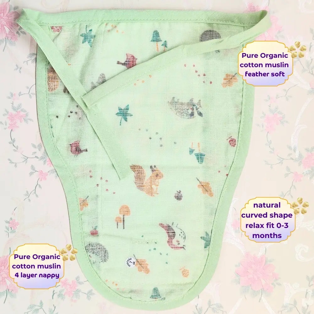 Maaiee green forest newborn nappy crafted with soft multi-layer cotton in a gentle coordinated style