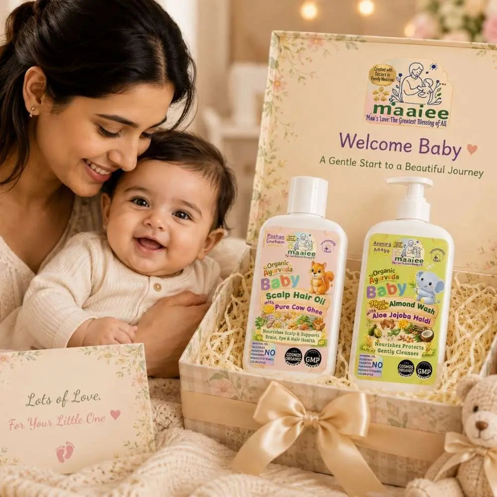 Maaiee Baby Hair & Scalp Care Duo with cow ghee baby hair oil, cradle cap support and gentle cleansing care