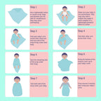 Step-by-step guide showing how to swaddle a baby using a Maaiee muslin swaddle.