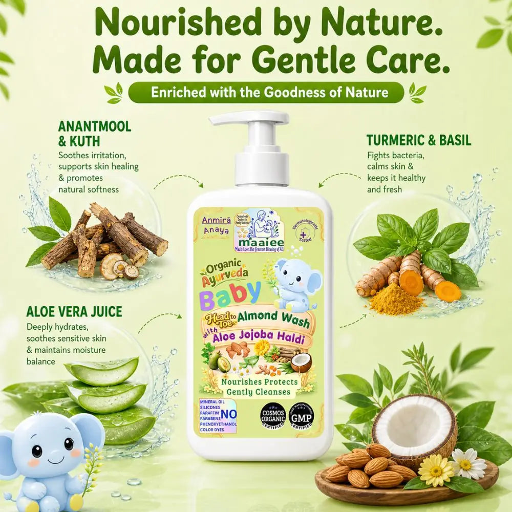 Maaiee baby head-to-toe wash with Kuth, Anantmool, flower hydrosols and gentle Ayurvedic cleansing care