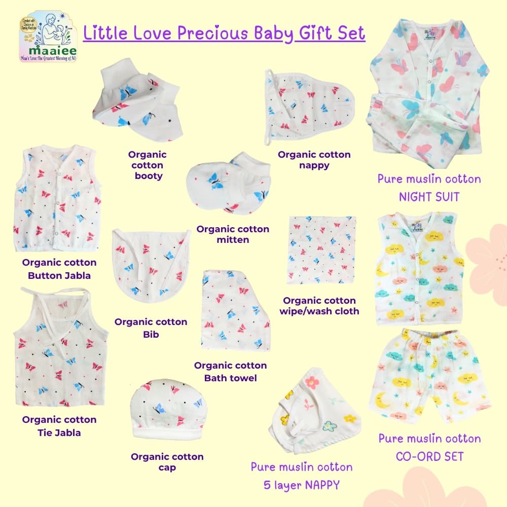Maaiee Little Love set featuring co-ord, night suit and newborn essentials made with soft organic cotton
