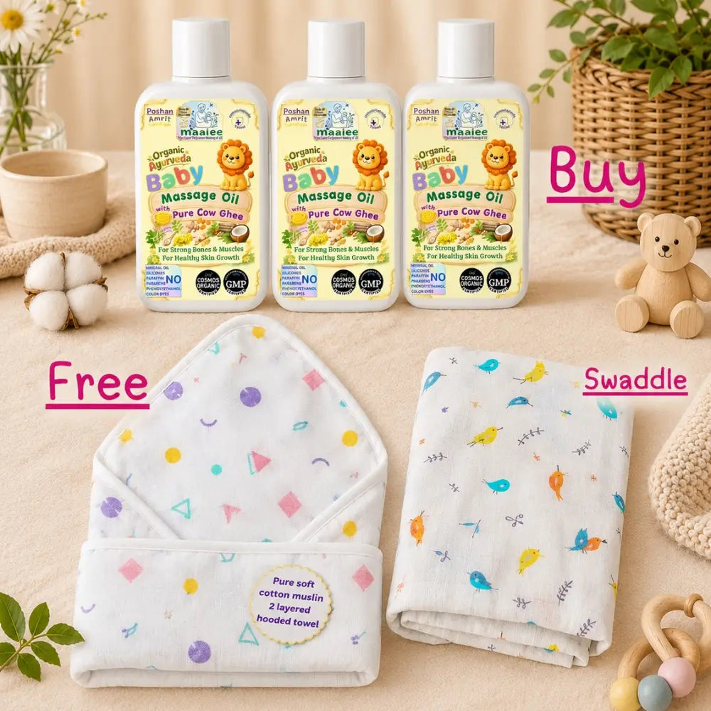 Three maaiee poshan amrit baby massage oils with a free muslin swaddle and hooded towel.