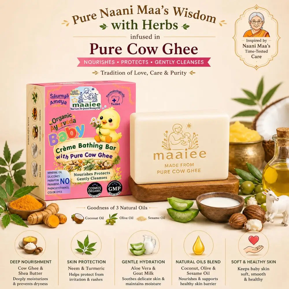 Maaiee baby cleansing bar with goat milk, cow ghee, turmeric and Ayurvedic skin nourishment for delicate baby care