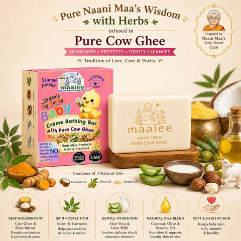 Maaiee baby cleansing bar with goat milk, cow ghee, turmeric and Ayurvedic skin nourishment for delicate baby care