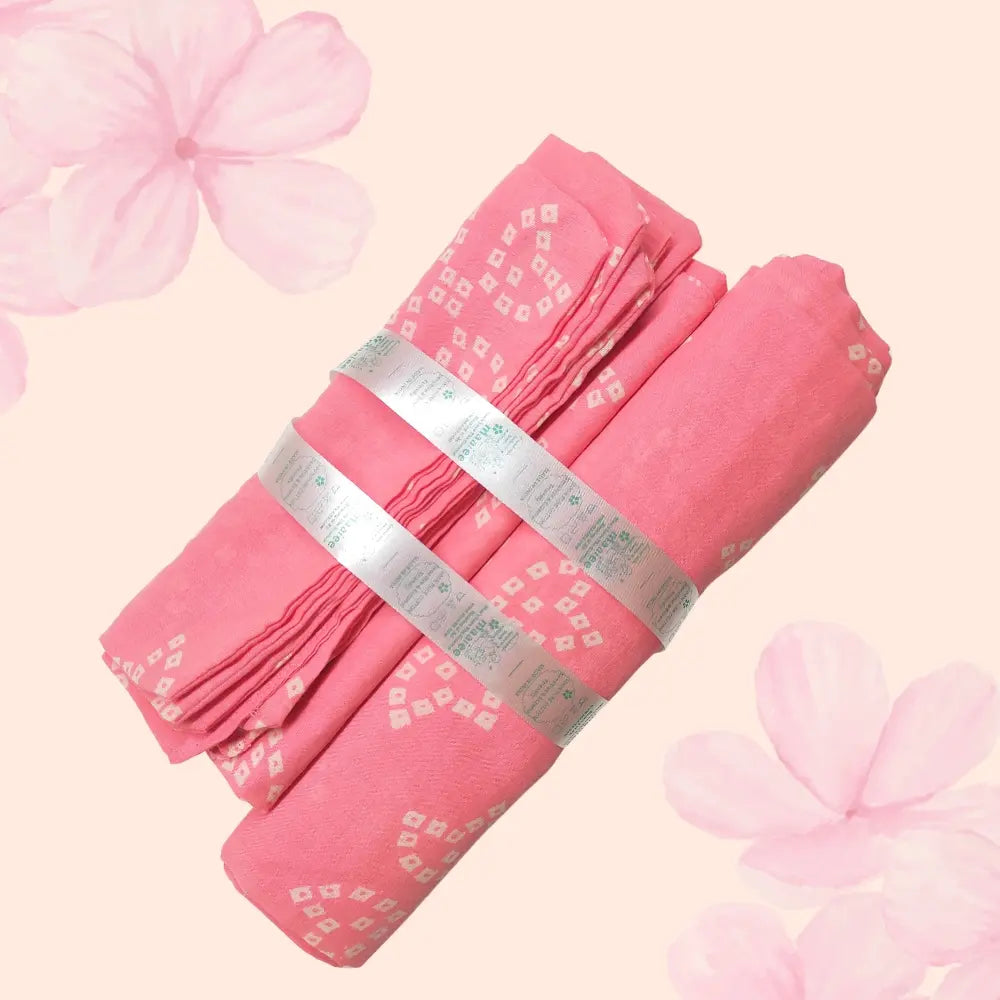 Maaiee mulmul swaddle with four soft washcloths in a gentle pink pattern