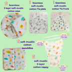 Maaiee pure muslin baby essentials showing two seamless 3-layer muslin wipes, one seamless tie jabla, one seamless muslin frock, two soft muslin swaddles, and two 5-layer muslin cotton nappies in gentle printed designs for newborn comfort.