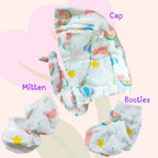 maaiee muslin cap mitten booties rainbow design