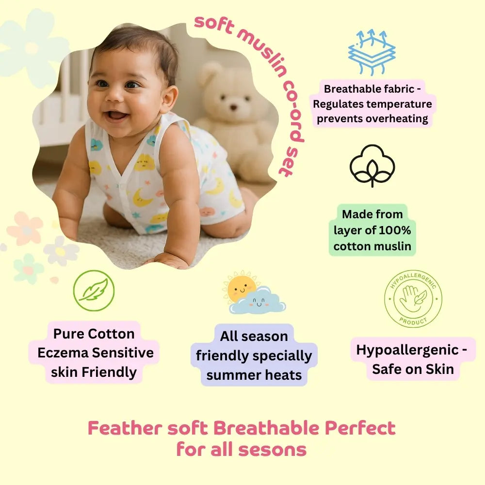 Maaiee muslin co-ord set feature overview highlighting soft breathable cotton design for comfortable baby wear