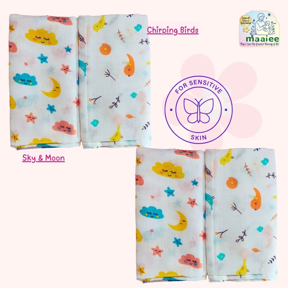 Maaiee muslin swaddle pack of four made from soft breathable cotton.