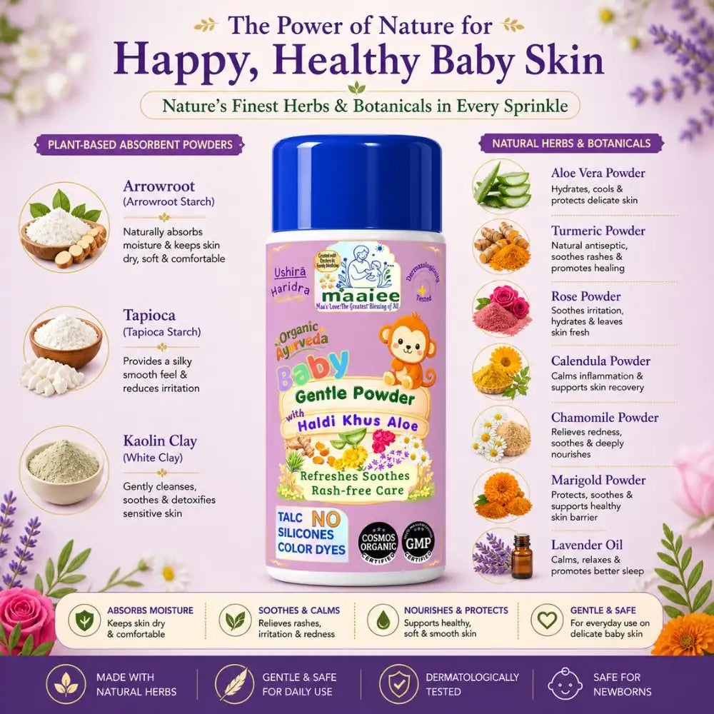 Maaiee Ushira Haridra plant-based baby powder with Ayurvedic botanicals,real flower, gentle moisture care and soft baby skin comfort