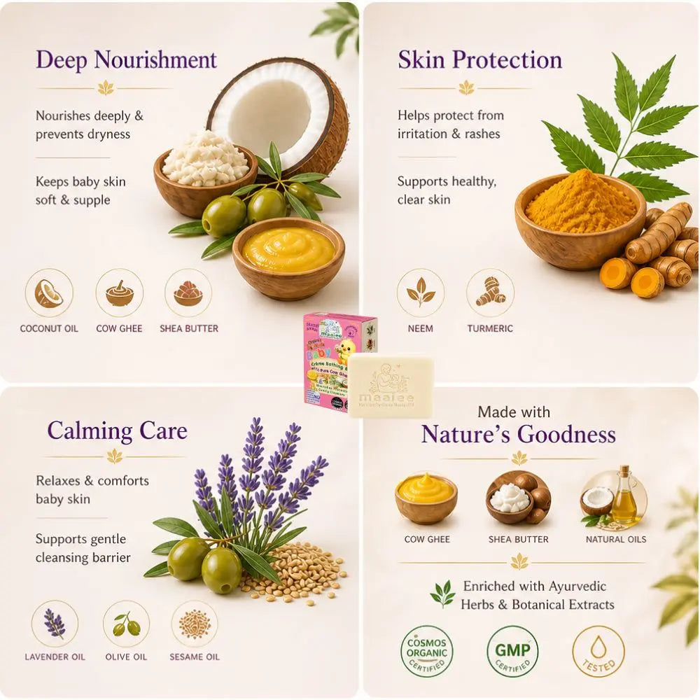 Maaiee baby cleansing bar with neem, turmeric, aloe, cow ghee and gentle nourishing baby skin care