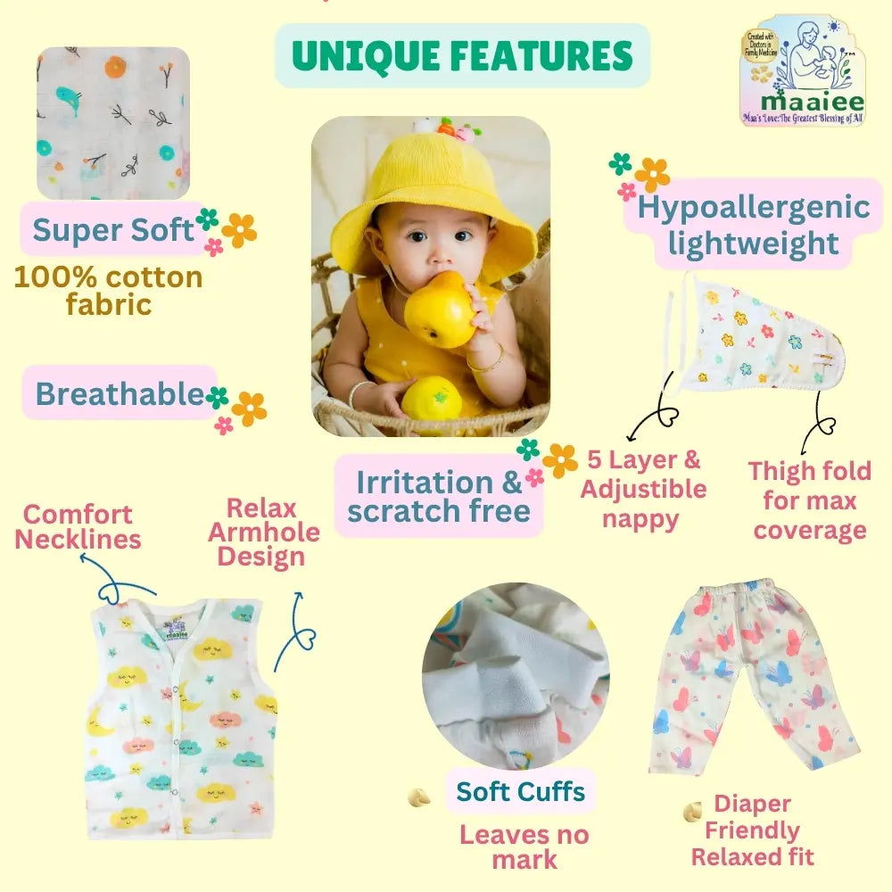Maaiee newborn essentials set feature overview highlighting coordinated soft cotton items for gentle everyday baby care